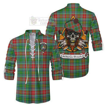 Muirhead Tartan Ghillie Kilt Shirt with Family Crest and Bearded Skull Holding Bottles of Whiskey