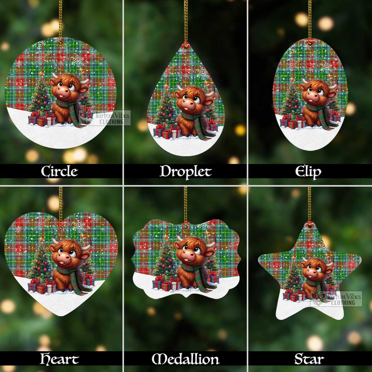 Tartan Vibes Clothing Muirhead Tartan Christmas Aluminium Ornament with Adorable Highland Coo