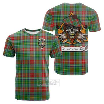 Muirhead Tartan Cotton T-shirt with Family Crest and Bearded Skull Holding Bottles of Whiskey