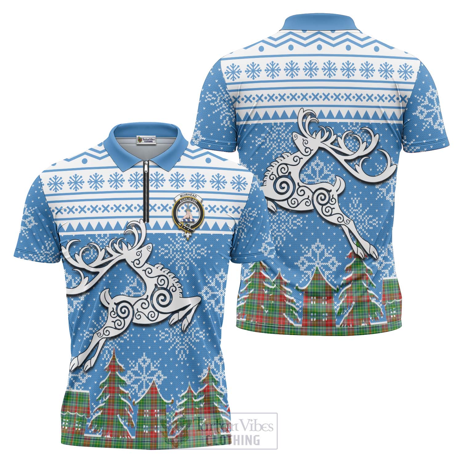 Tartan Vibes Clothing Muirhead Clan Christmas Zipper Polo Shirt Celtic Reindeer Style