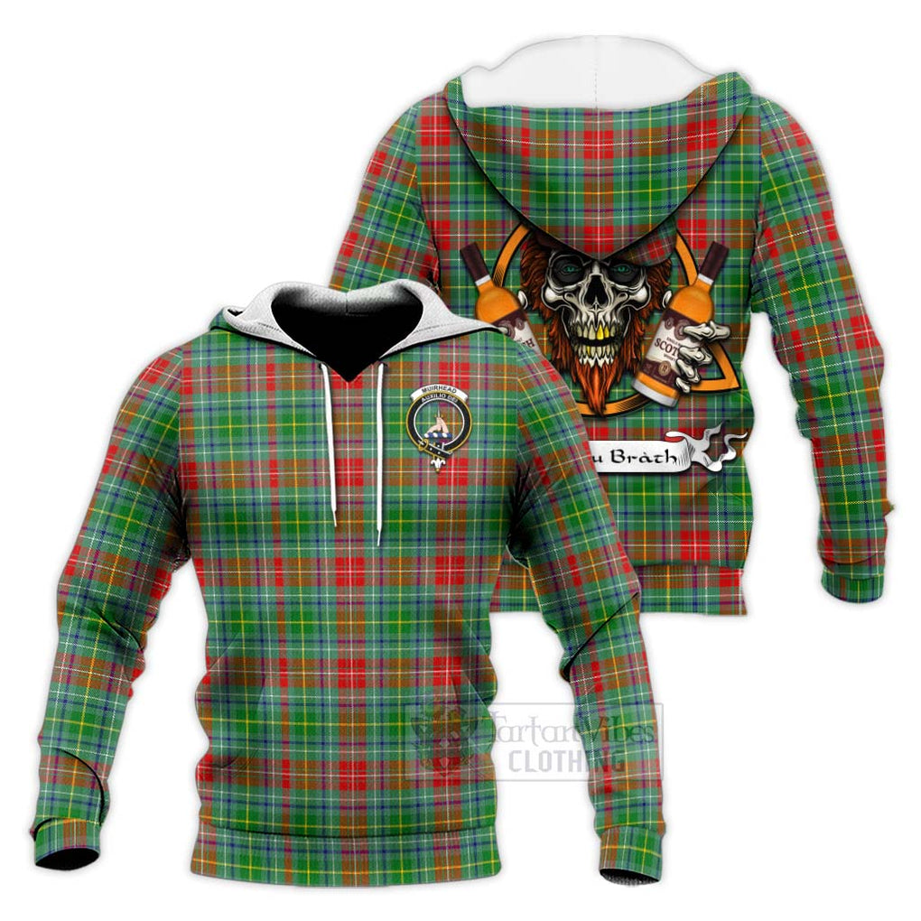 Tartan Vibes Clothing Muirhead Tartan Knitted Hoodie with Family Crest and Bearded Skull Holding Bottles of Whiskey