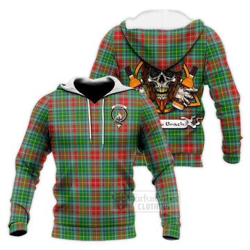 Muirhead Tartan Knitted Hoodie with Family Crest and Bearded Skull Holding Bottles of Whiskey