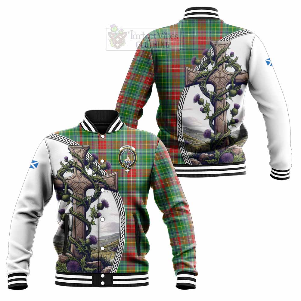 Tartan Vibes Clothing Muirhead Tartan Baseball Jacket with Family Crest and St. Andrew's Cross Accented by Thistle Vines