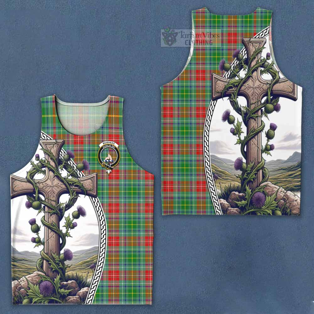 Tartan Vibes Clothing Muirhead Tartan Men's Tank Top with Family Crest and St. Andrew's Cross Accented by Thistle Vines