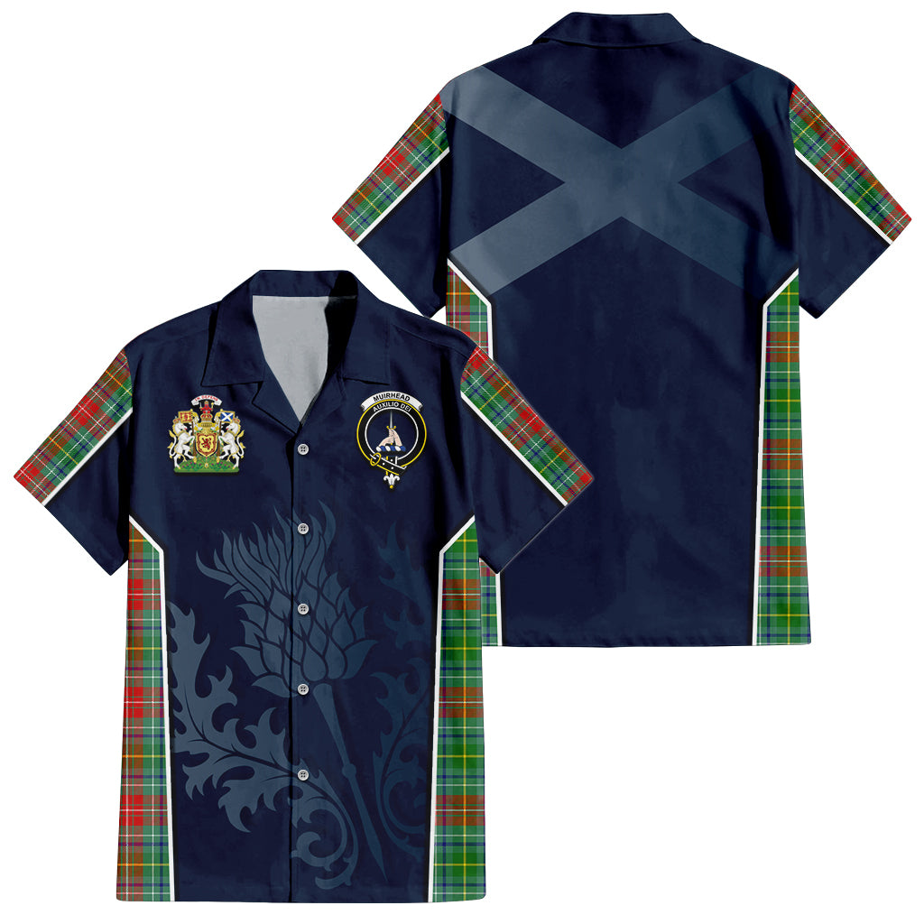 Tartan Vibes Clothing Muirhead Tartan Short Sleeve Button Up Shirt with Family Crest and Scottish Thistle Vibes Sport Style