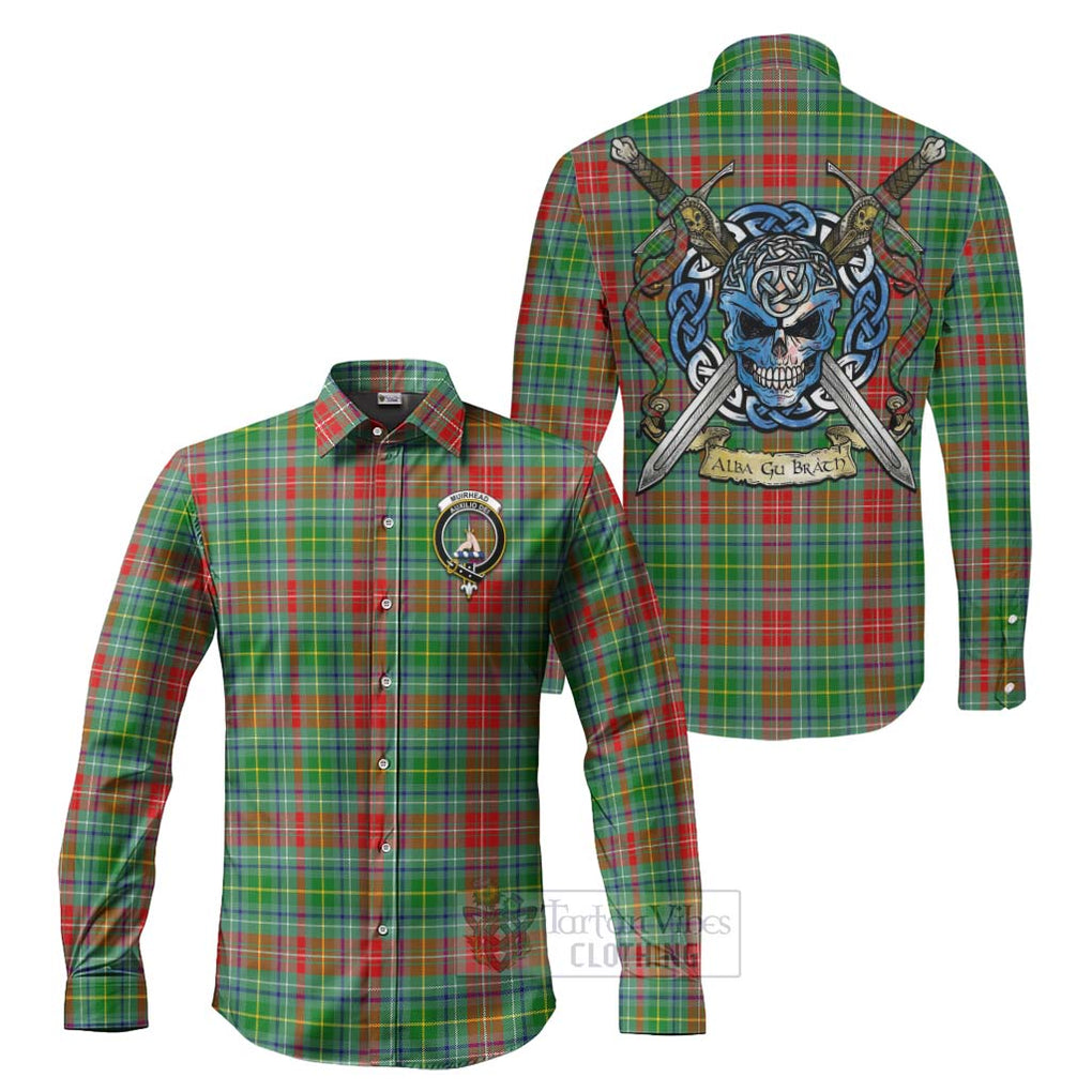 Tartan Vibes Clothing Muirhead Tartan Long Sleeve Button Shirt with Family Crest Celtic Skull Style