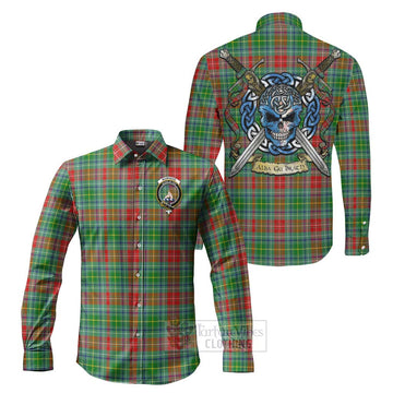 Muirhead Tartan Long Sleeve Button Shirt with Family Crest Celtic Skull Style