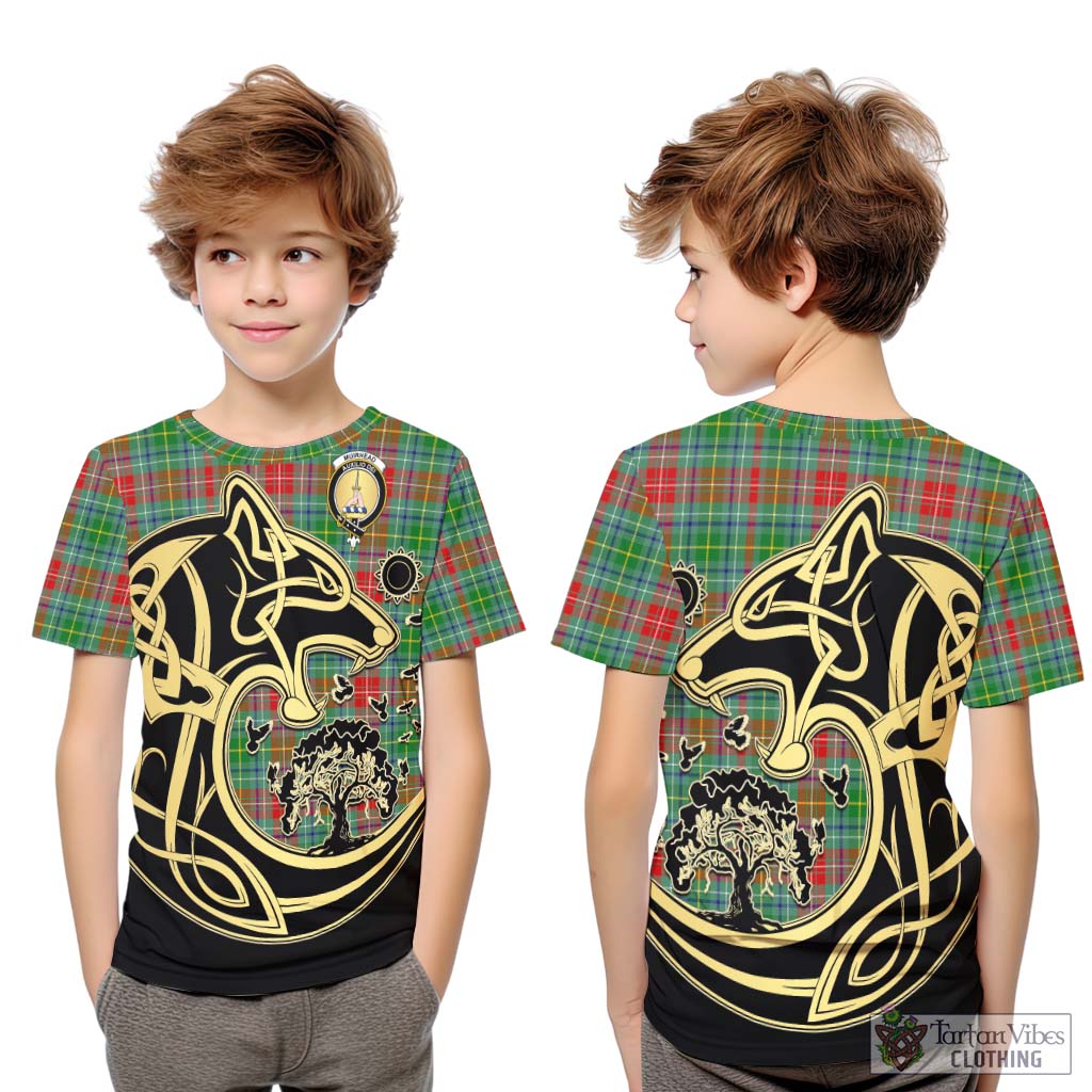 Tartan Vibes Clothing Muirhead Tartan Kid T-Shirt with Family Crest Celtic Wolf Style