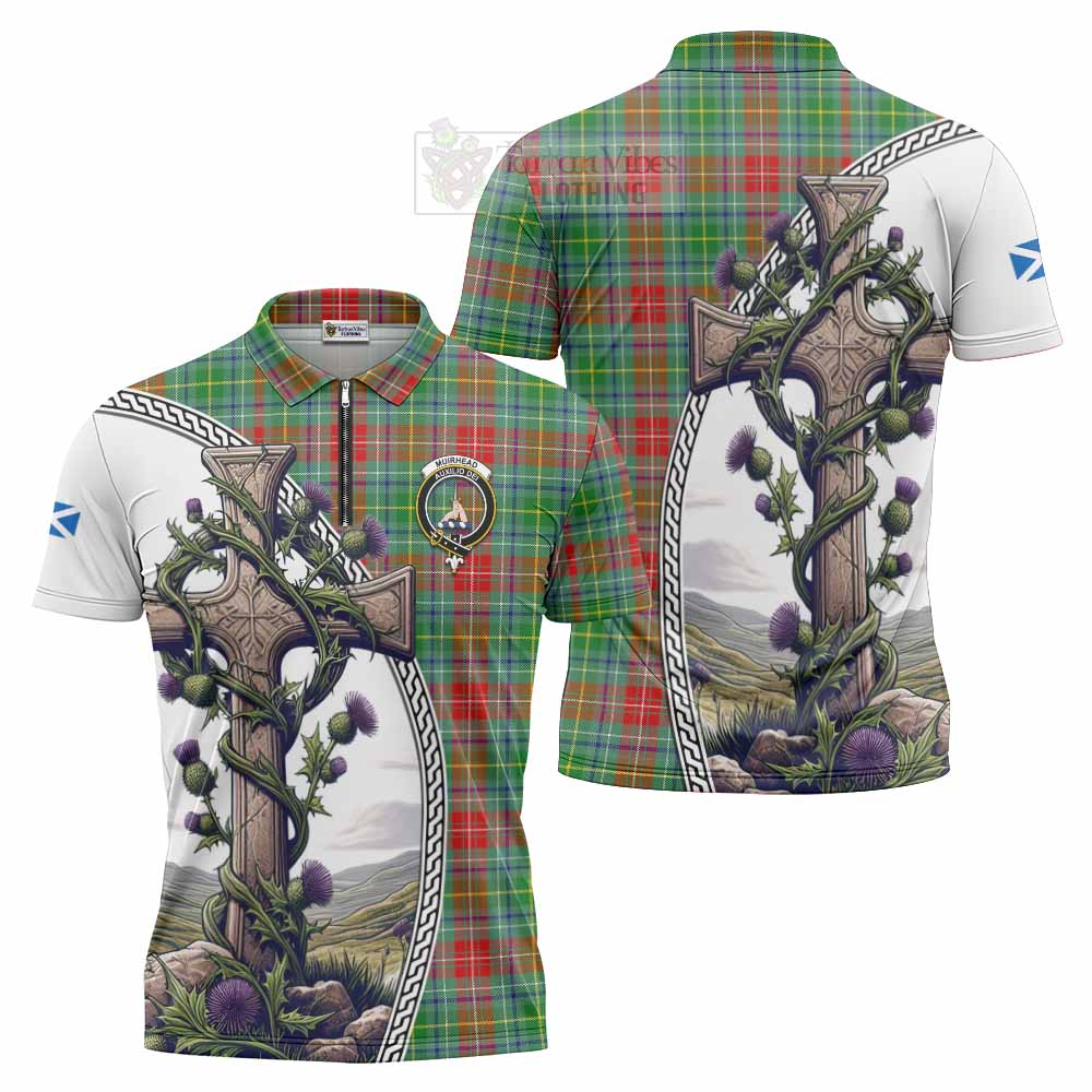 Tartan Vibes Clothing Muirhead Tartan Zipper Polo Shirt with Family Crest and St. Andrew's Cross Accented by Thistle Vines