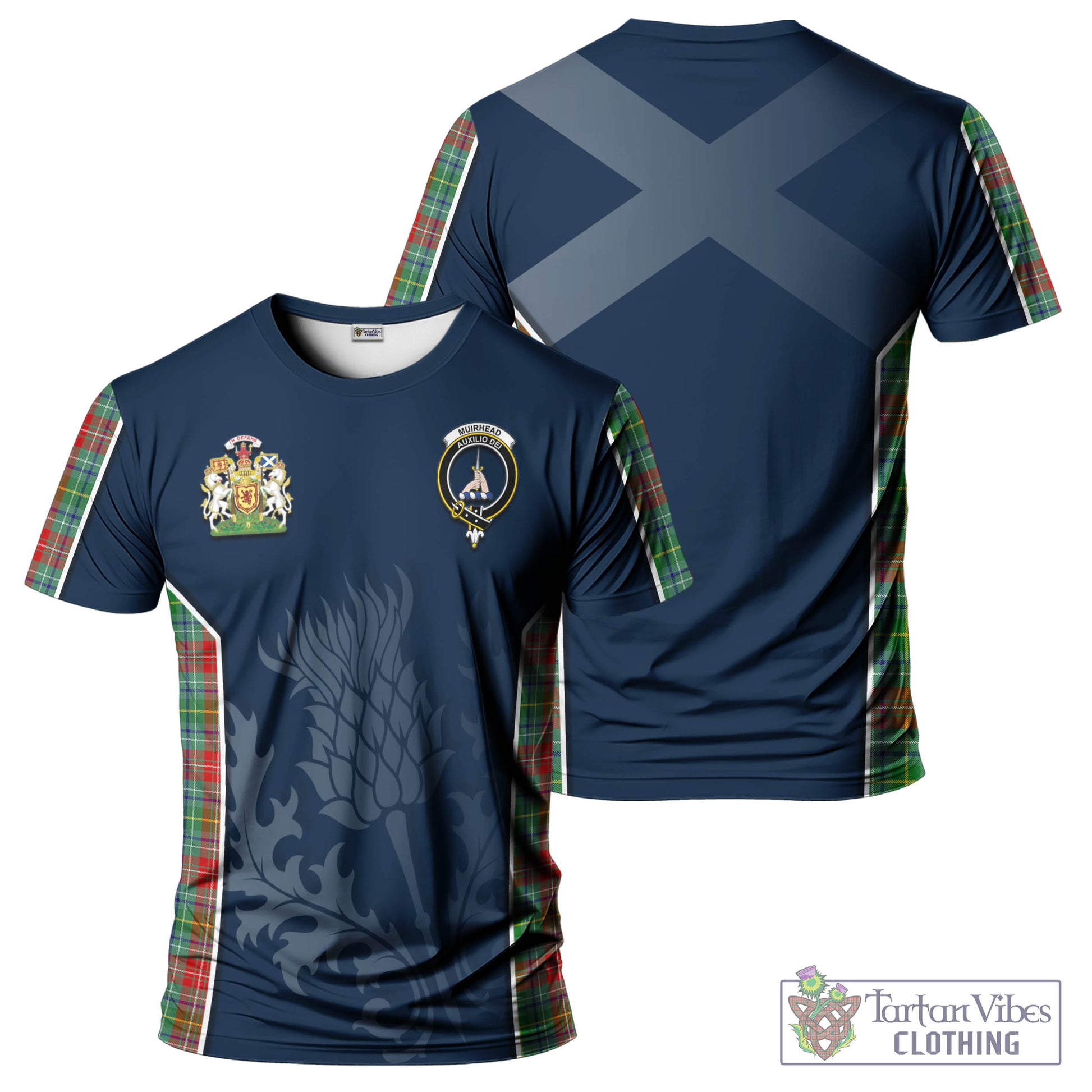Tartan Vibes Clothing Muirhead Tartan T-Shirt with Family Crest and Scottish Thistle Vibes Sport Style