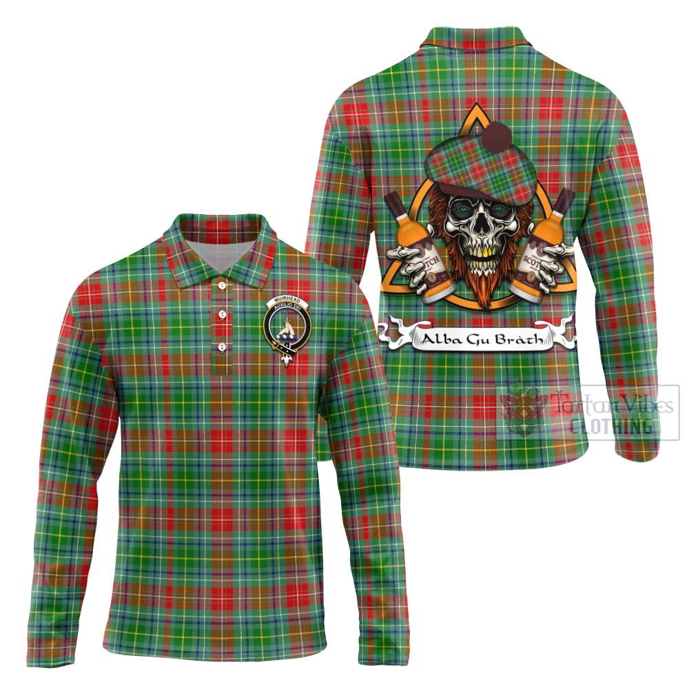 Tartan Vibes Clothing Muirhead Tartan Long Sleeve Polo Shirt with Family Crest and Bearded Skull Holding Bottles of Whiskey