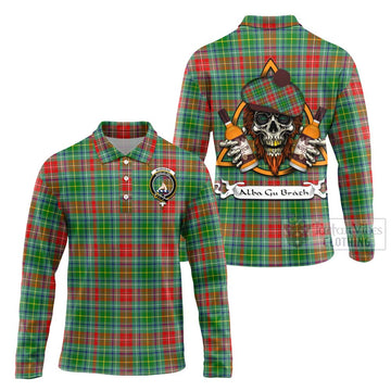 Muirhead Tartan Long Sleeve Polo Shirt with Family Crest and Bearded Skull Holding Bottles of Whiskey