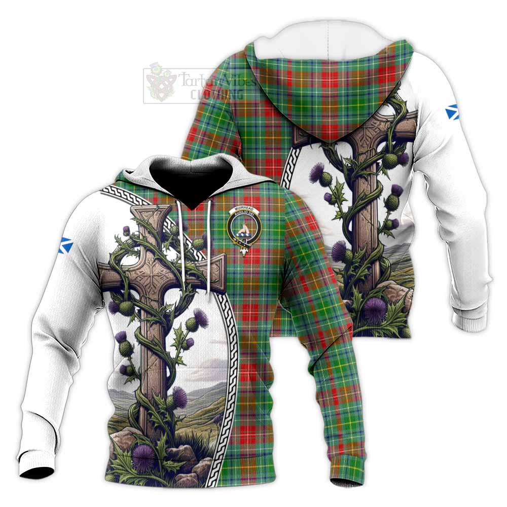 Tartan Vibes Clothing Muirhead Tartan Knitted Hoodie with Family Crest and St. Andrew's Cross Accented by Thistle Vines