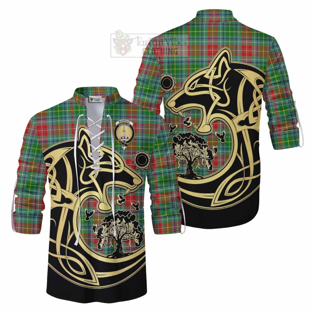 Tartan Vibes Clothing Muirhead Tartan Ghillie Kilt Shirt with Family Crest Celtic Wolf Style