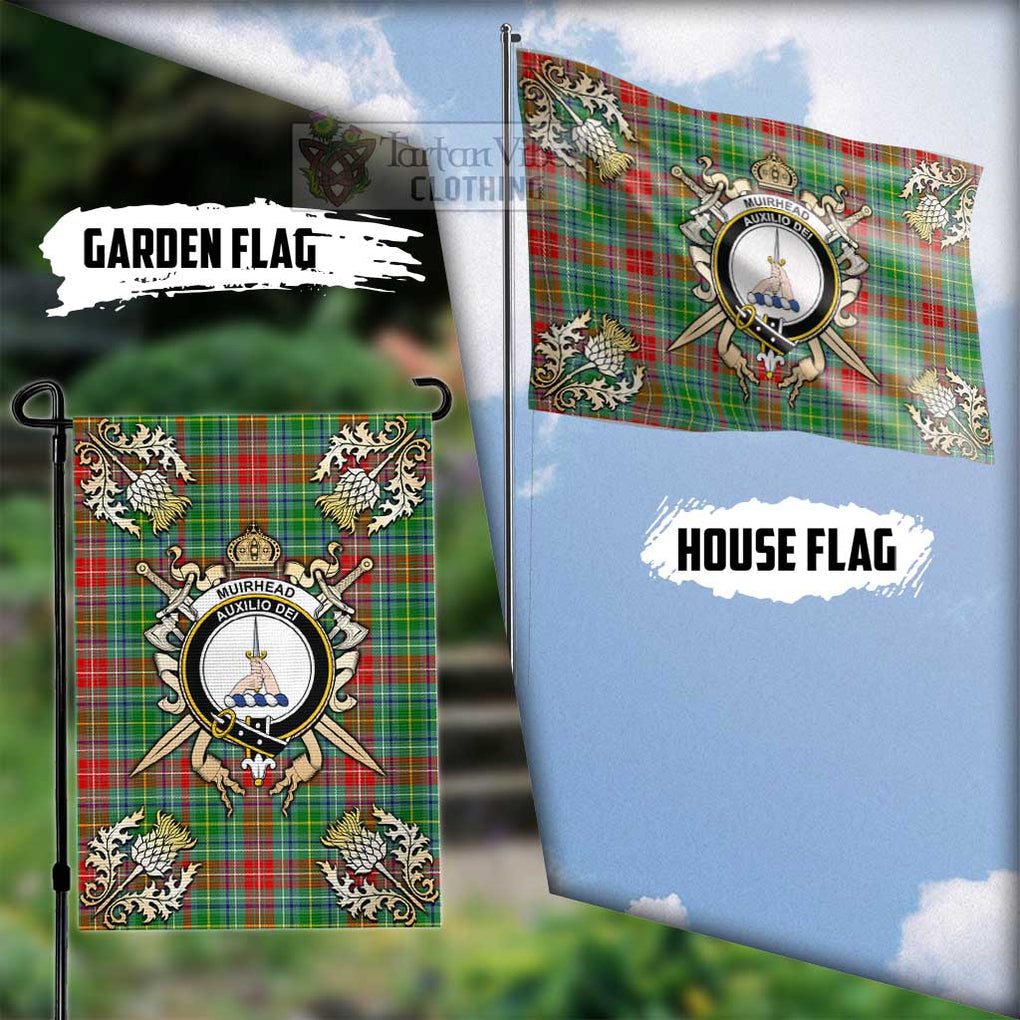 Tartan Vibes Clothing Muirhead Tartan Flag with Family Crest and Golden Thistle Crossed Sword Design