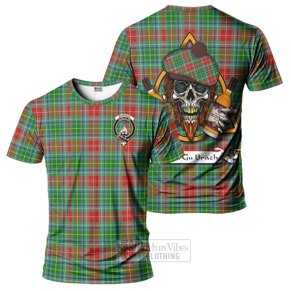 Tartan Vibes Clothing Muirhead Tartan T-Shirt with Family Crest and Bearded Skull Holding Bottles of Whiskey