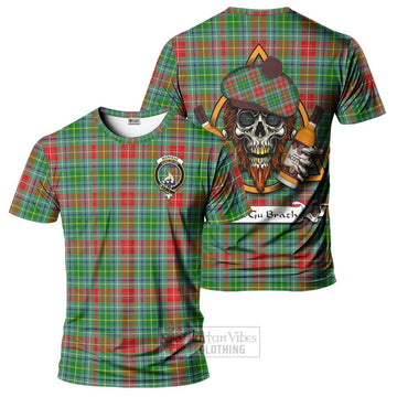 Muirhead Tartan T-Shirt with Family Crest and Bearded Skull Holding Bottles of Whiskey