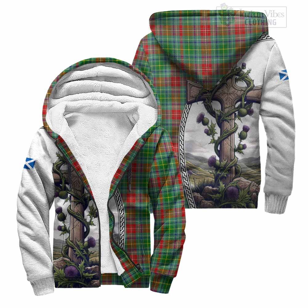 Tartan Vibes Clothing Muirhead Tartan Sherpa Hoodie with Family Crest and St. Andrew's Cross Accented by Thistle Vines