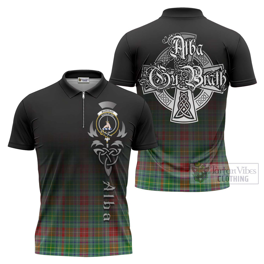 Tartan Vibes Clothing Muirhead Tartan Zipper Polo Shirt Featuring Alba Gu Brath Family Crest Celtic Inspired