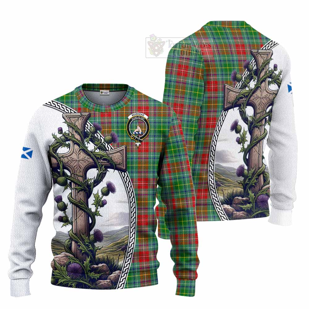 Tartan Vibes Clothing Muirhead Tartan Knitted Sweater with Family Crest and St. Andrew's Cross Accented by Thistle Vines