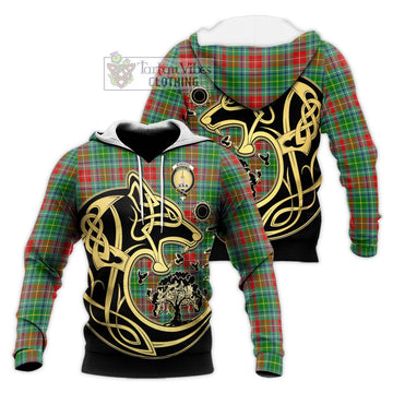 Muirhead Tartan Knitted Hoodie with Family Crest Celtic Wolf Style