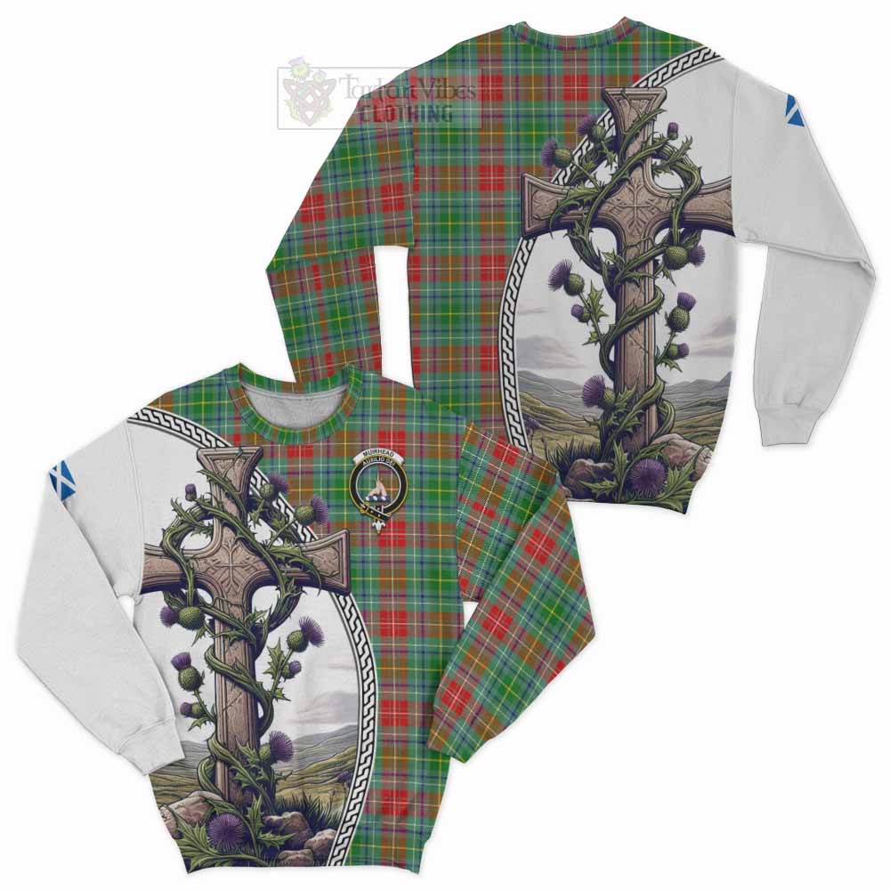 Tartan Vibes Clothing Muirhead Tartan Sweatshirt with Family Crest and St. Andrew's Cross Accented by Thistle Vines