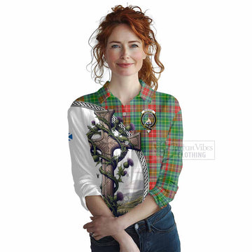 Muirhead Tartan Women's Casual Shirt with Family Crest and St. Andrew's Cross Accented by Thistle Vines