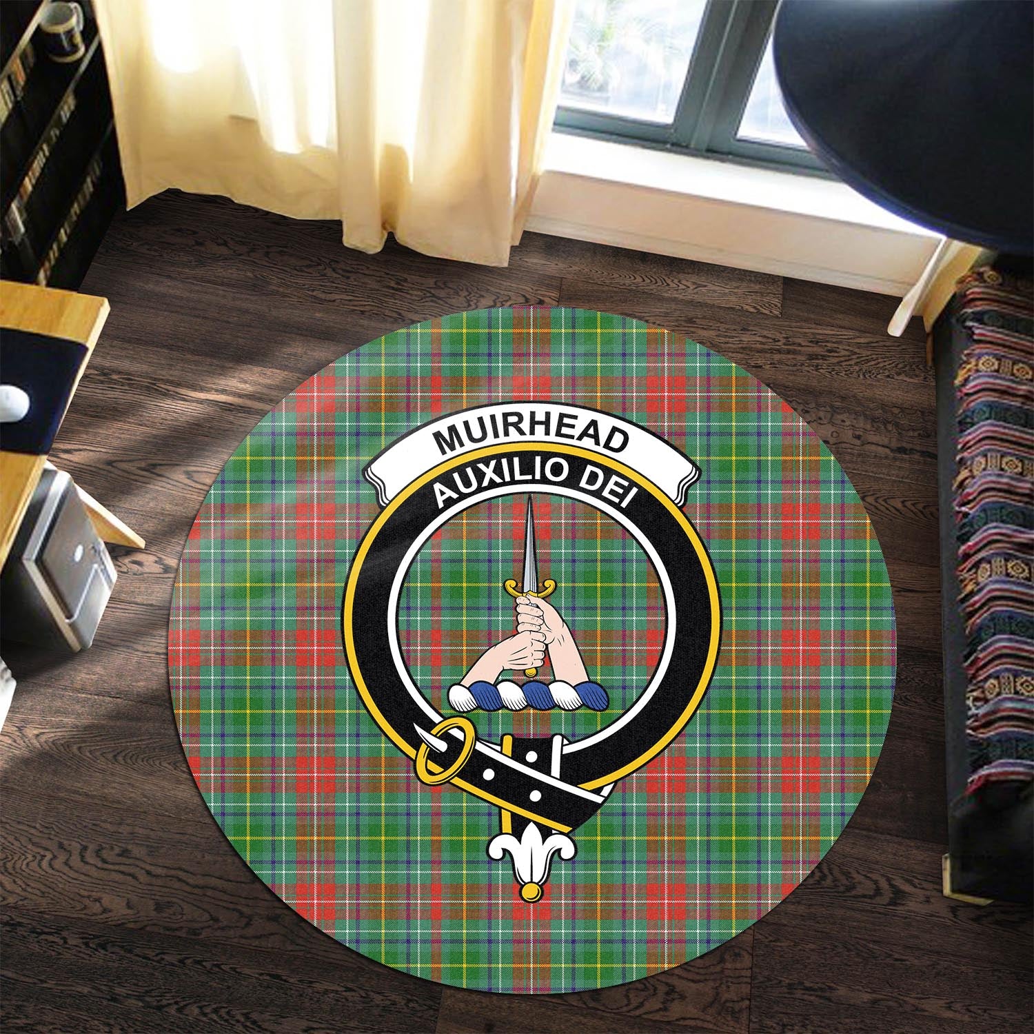 muirhead-tartan-round-rug-with-family-crest