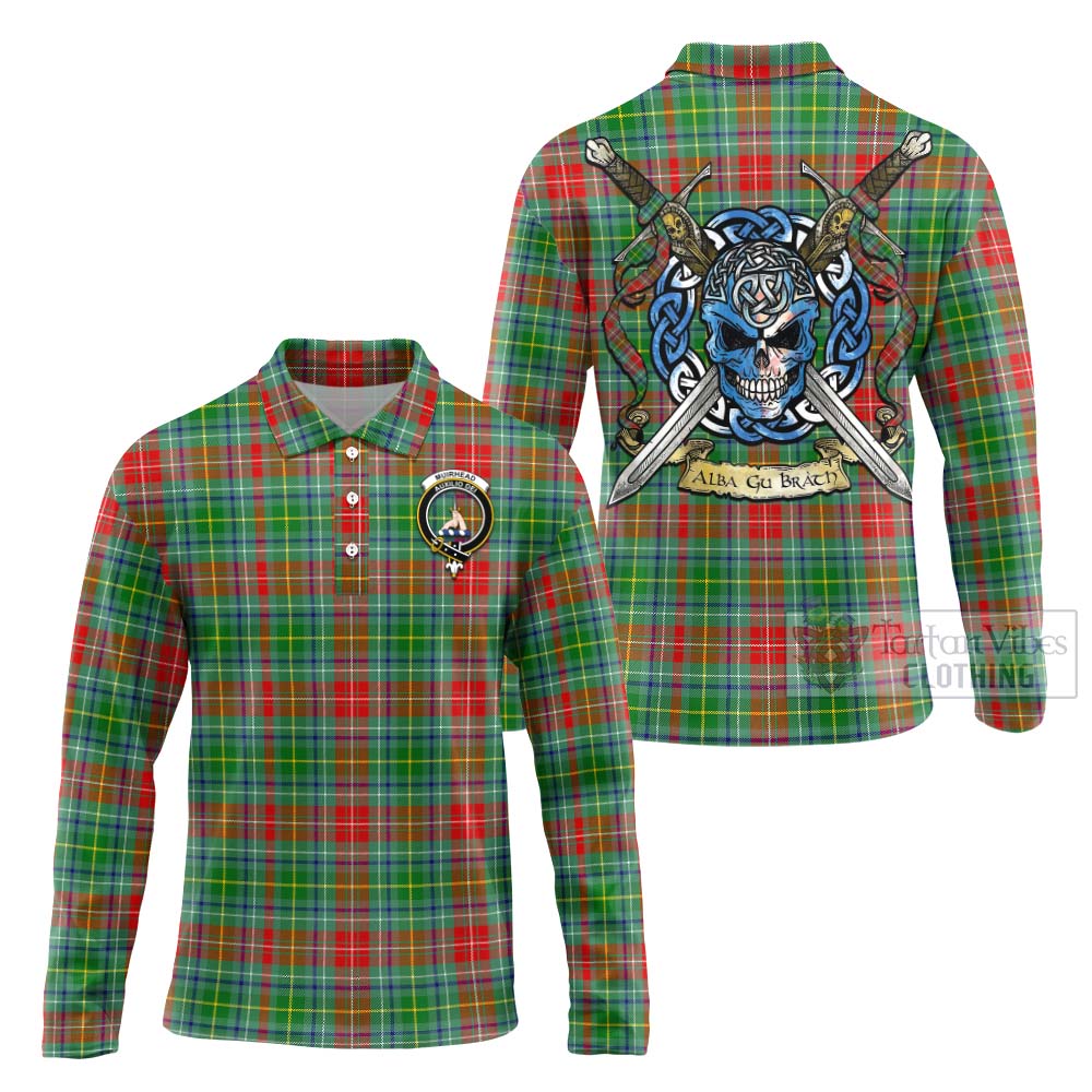 Tartan Vibes Clothing Muirhead Tartan Long Sleeve Polo Shirt with Family Crest Celtic Skull Style