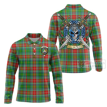 Muirhead Tartan Long Sleeve Polo Shirt with Family Crest Celtic Skull Style