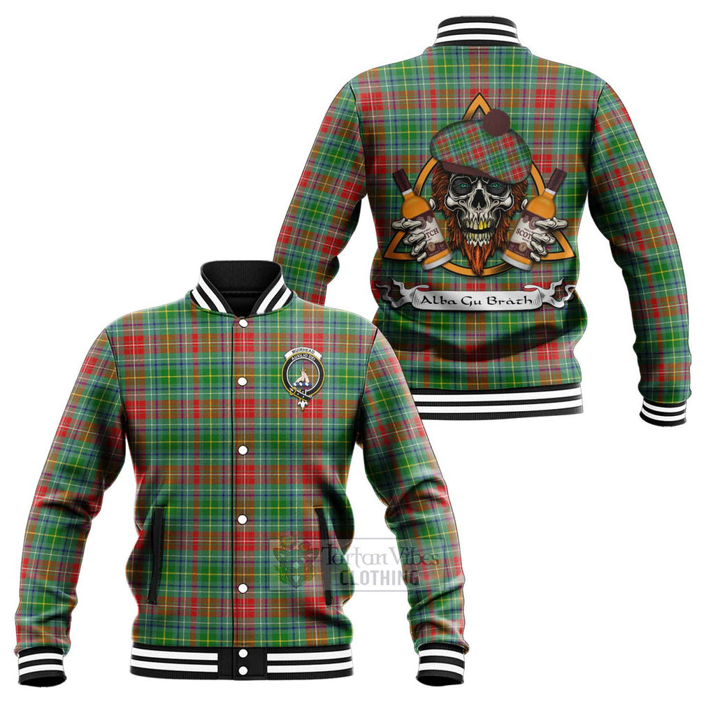 Tartan Vibes Clothing Muirhead Tartan Baseball Jacket with Family Crest and Bearded Skull Holding Bottles of Whiskey