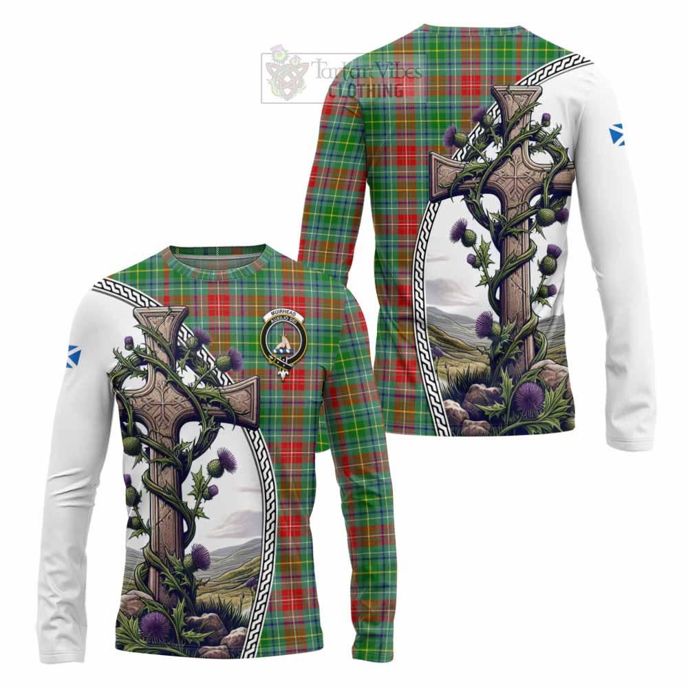 Tartan Vibes Clothing Muirhead Tartan Long Sleeve T-Shirt with Family Crest and St. Andrew's Cross Accented by Thistle Vines