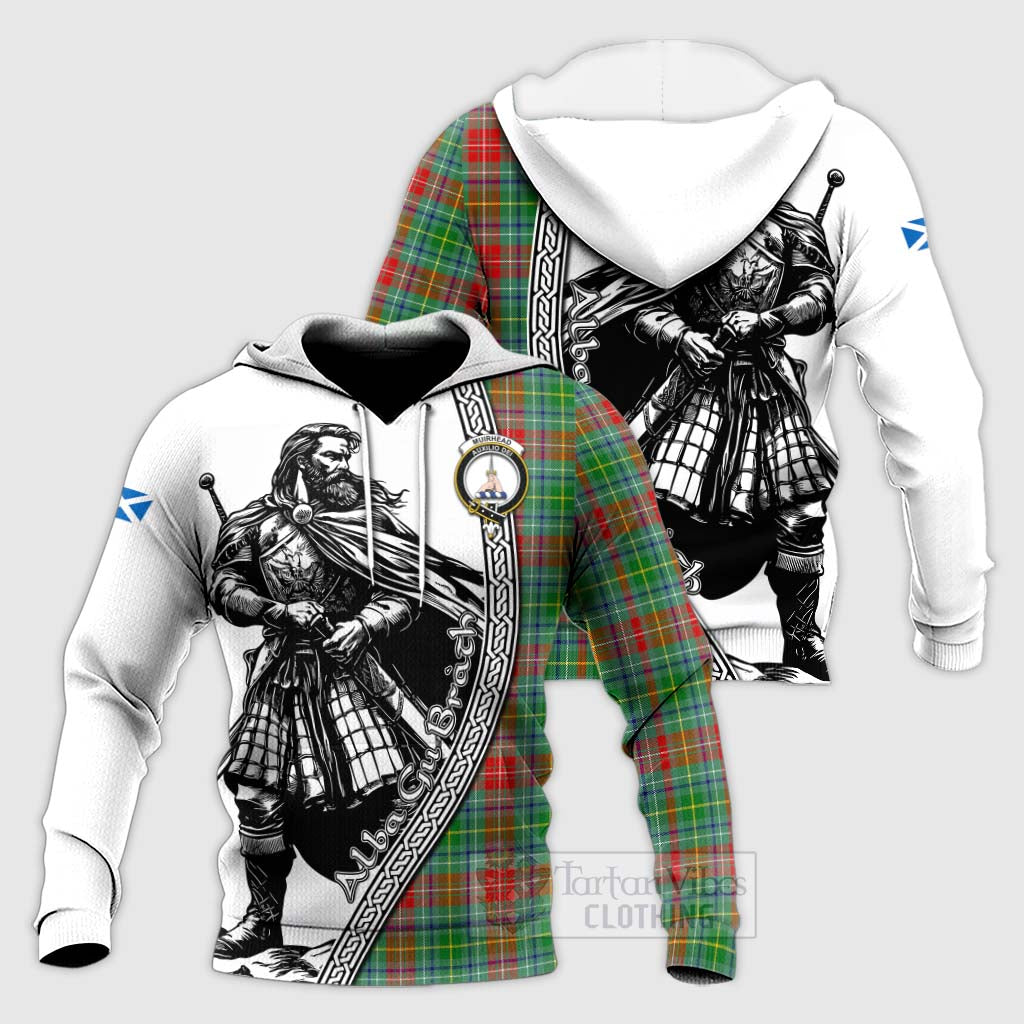 Tartan Vibes Clothing Muirhead Tartan Clan Crest Knitted Hoodie with Highlander Warrior Celtic Style