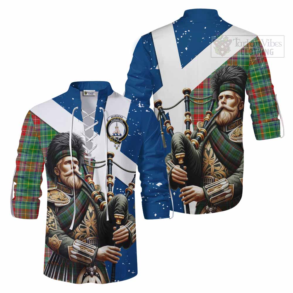 Tartan Vibes Clothing Muirhead Tartan Ghillie Kilt Shirt with Family Crest Scottish Bagpiper Vibes