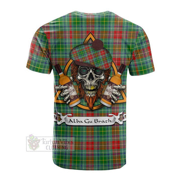 Muirhead Tartan Cotton T-shirt with Family Crest and Bearded Skull Holding Bottles of Whiskey