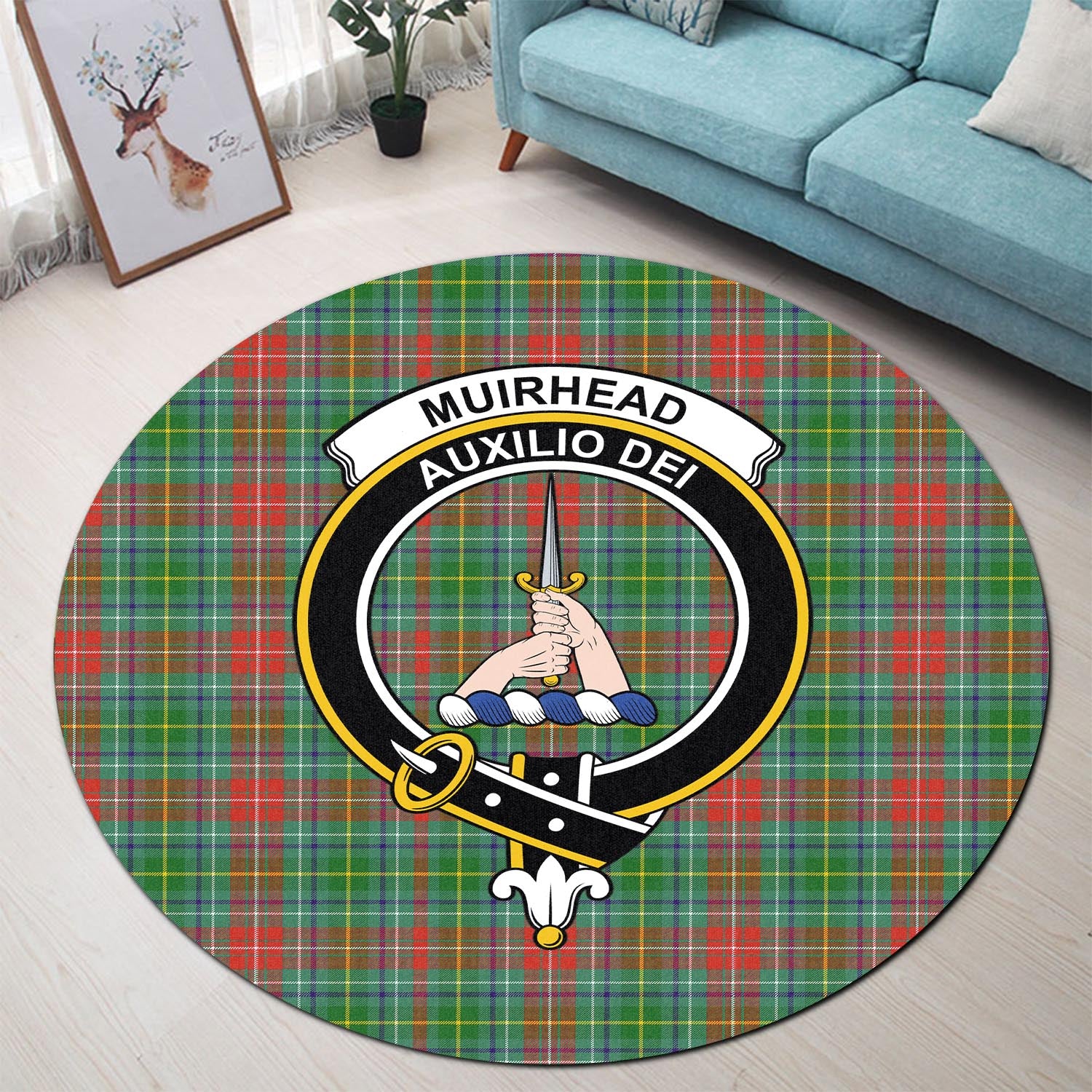 muirhead-tartan-round-rug-with-family-crest