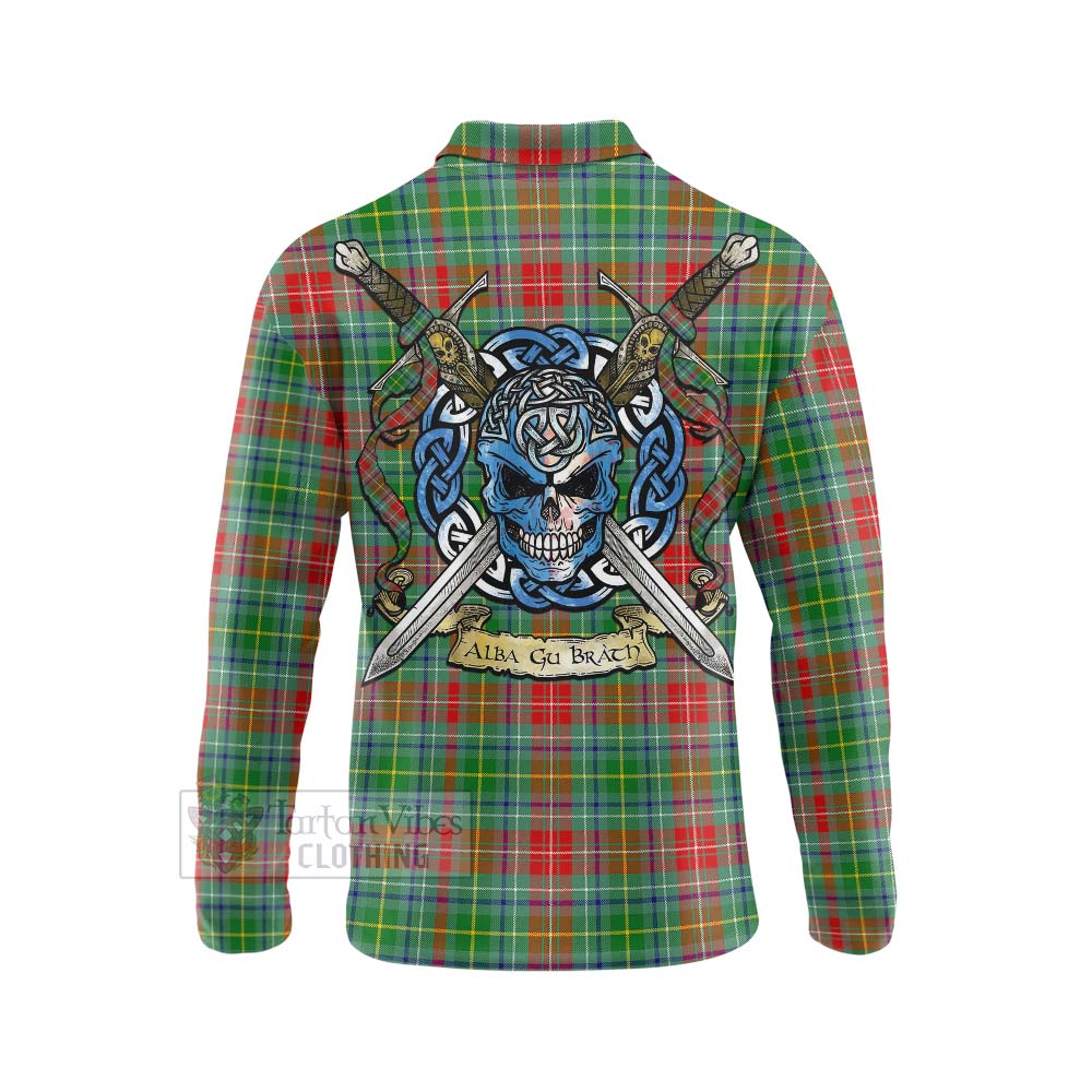 Tartan Vibes Clothing Muirhead Tartan Long Sleeve Polo Shirt with Family Crest Celtic Skull Style