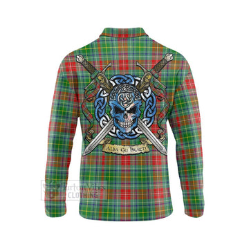 Muirhead Tartan Long Sleeve Polo Shirt with Family Crest Celtic Skull Style