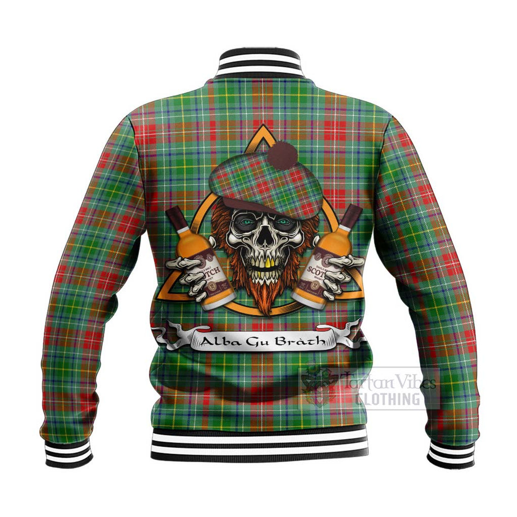 Tartan Vibes Clothing Muirhead Tartan Baseball Jacket with Family Crest and Bearded Skull Holding Bottles of Whiskey