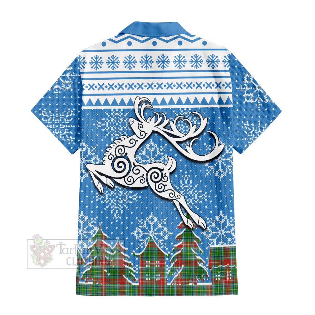 Tartan Vibes Clothing Muirhead Clan Christmas Short Sleeve Button Shirt Celtic Reindeer Style