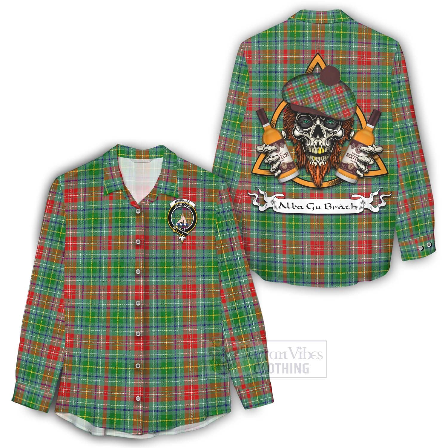 Tartan Vibes Clothing Muirhead Tartan Women's Casual Shirt with Family Crest and Bearded Skull Holding Bottles of Whiskey