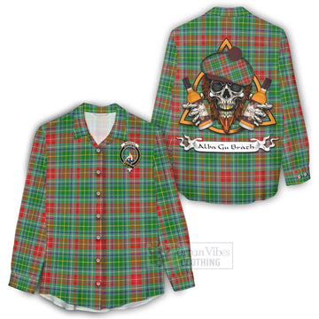 Muirhead Tartan Women's Casual Shirt with Family Crest and Bearded Skull Holding Bottles of Whiskey