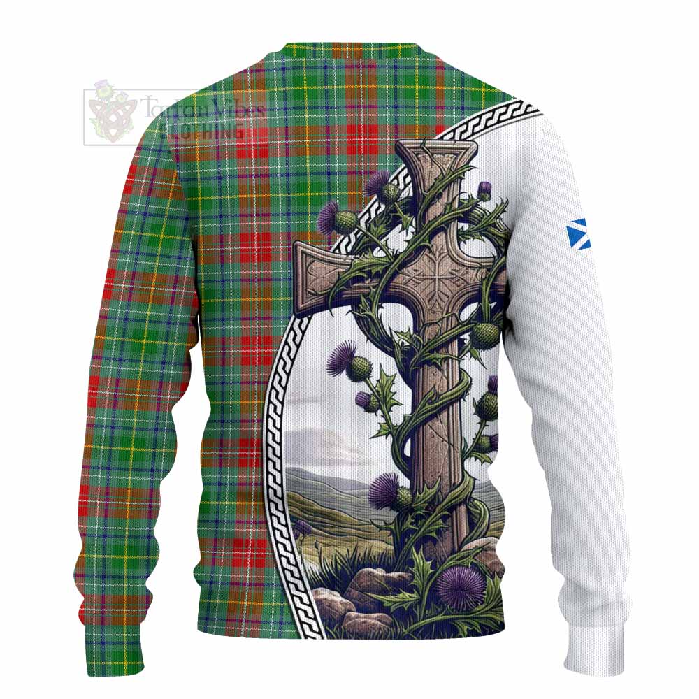 Tartan Vibes Clothing Muirhead Tartan Knitted Sweater with Family Crest and St. Andrew's Cross Accented by Thistle Vines