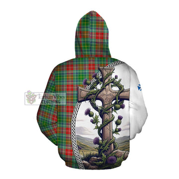 Muirhead Tartan Cotton Hoodie with Family Crest and St. Andrew's Cross Accented by Thistle Vines Pullover Hoodie - Tartan Vibes Clothing