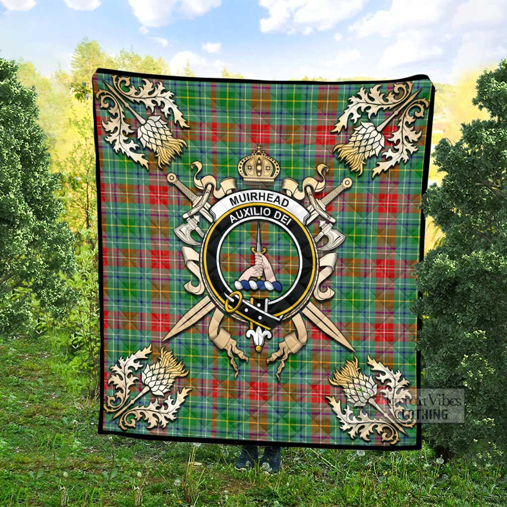 Tartan Vibes Clothing Muirhead Tartan Quilt with Family Crest and Scottish Golden Courage Shield