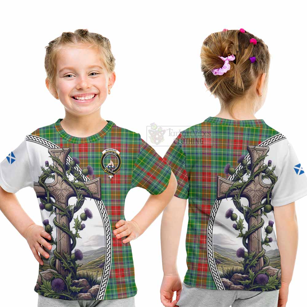 Tartan Vibes Clothing Muirhead Tartan Kid T-Shirt with Family Crest and St. Andrew's Cross Accented by Thistle Vines