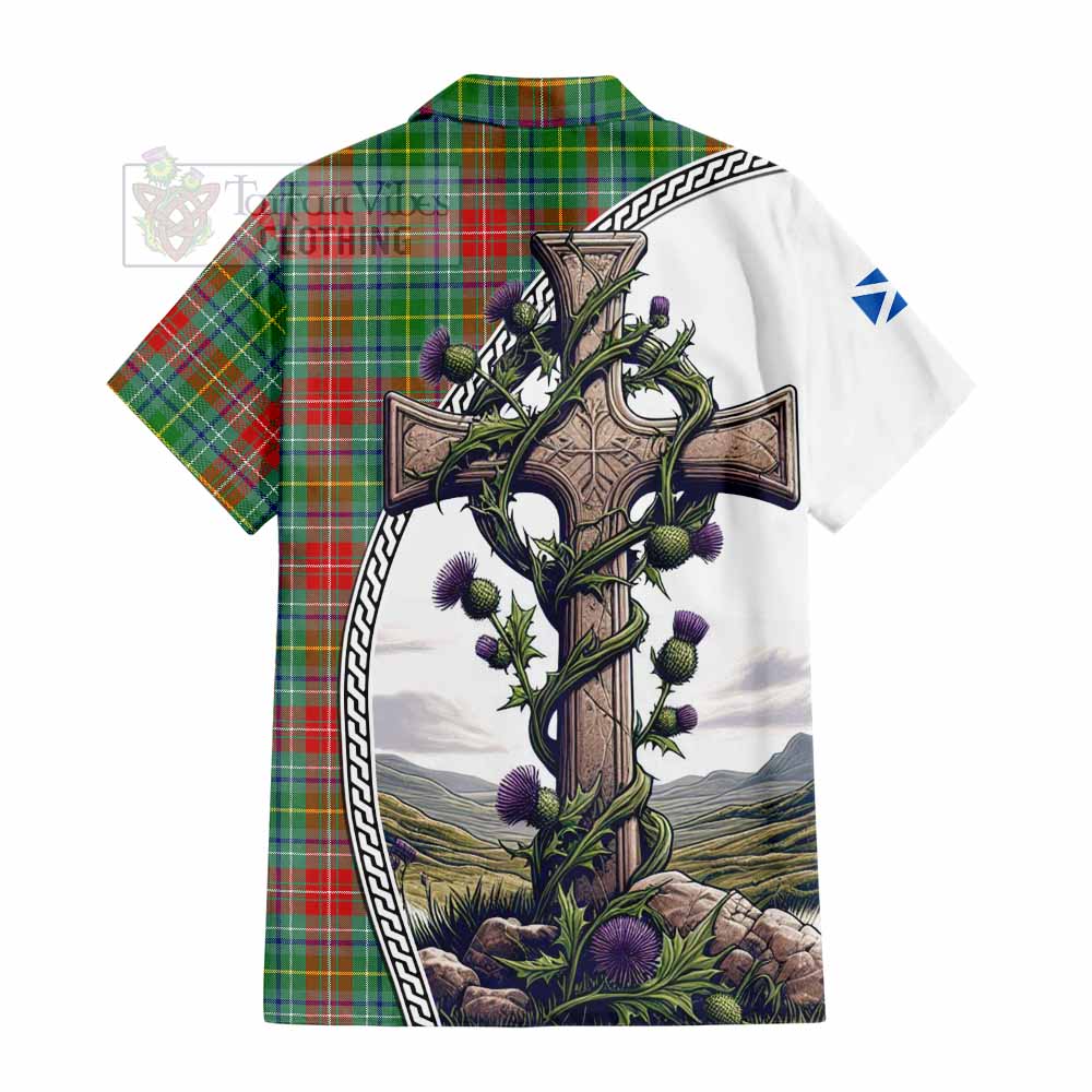 Tartan Vibes Clothing Muirhead Tartan Short Sleeve Button Shirt with Family Crest and St. Andrew's Cross Accented by Thistle Vines