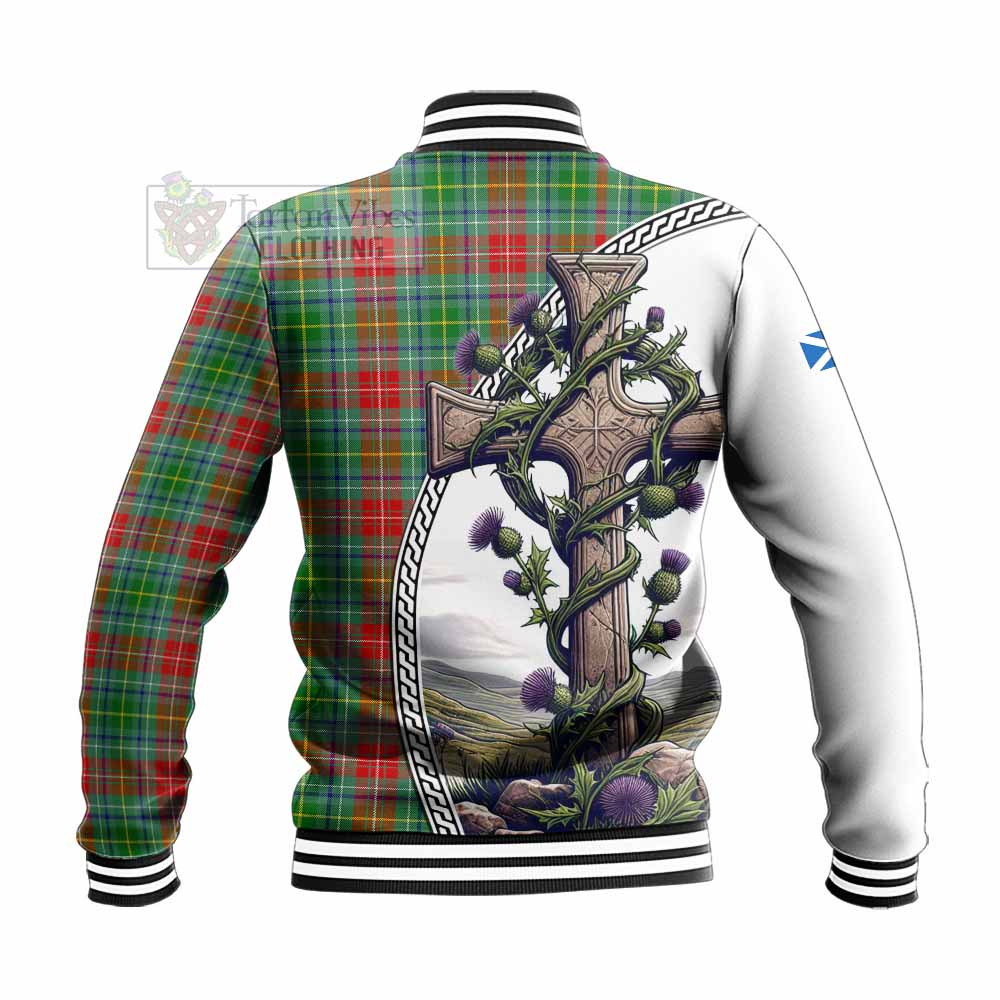 Tartan Vibes Clothing Muirhead Tartan Baseball Jacket with Family Crest and St. Andrew's Cross Accented by Thistle Vines