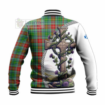 Muirhead Tartan Baseball Jacket with Family Crest and St. Andrew's Cross Accented by Thistle Vines