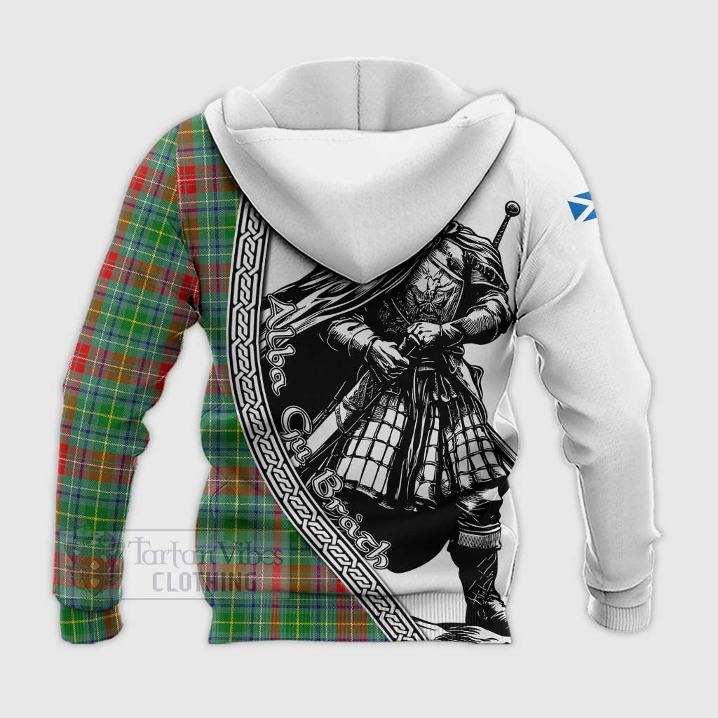 Tartan Vibes Clothing Muirhead Tartan Clan Crest Knitted Hoodie with Highlander Warrior Celtic Style